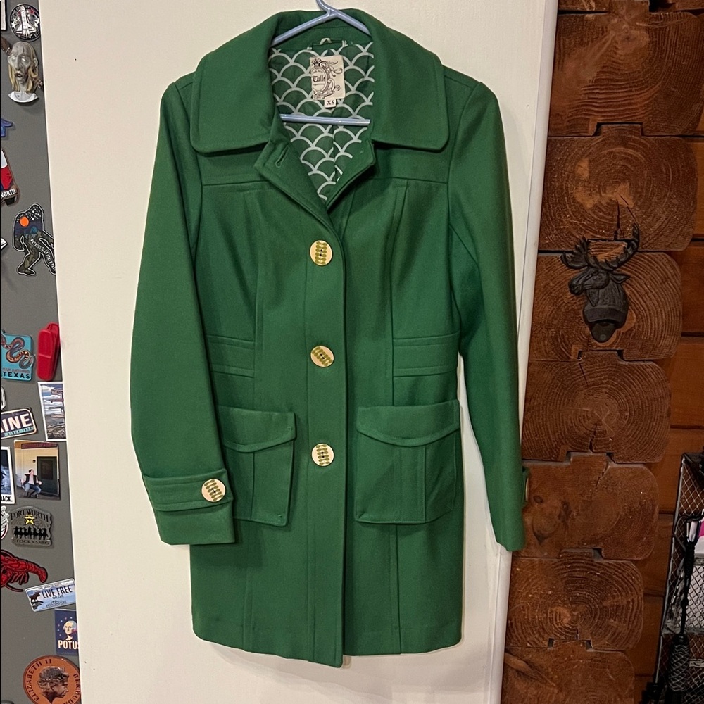 Tulle Wool Green Trench Coat with Gold Accents
